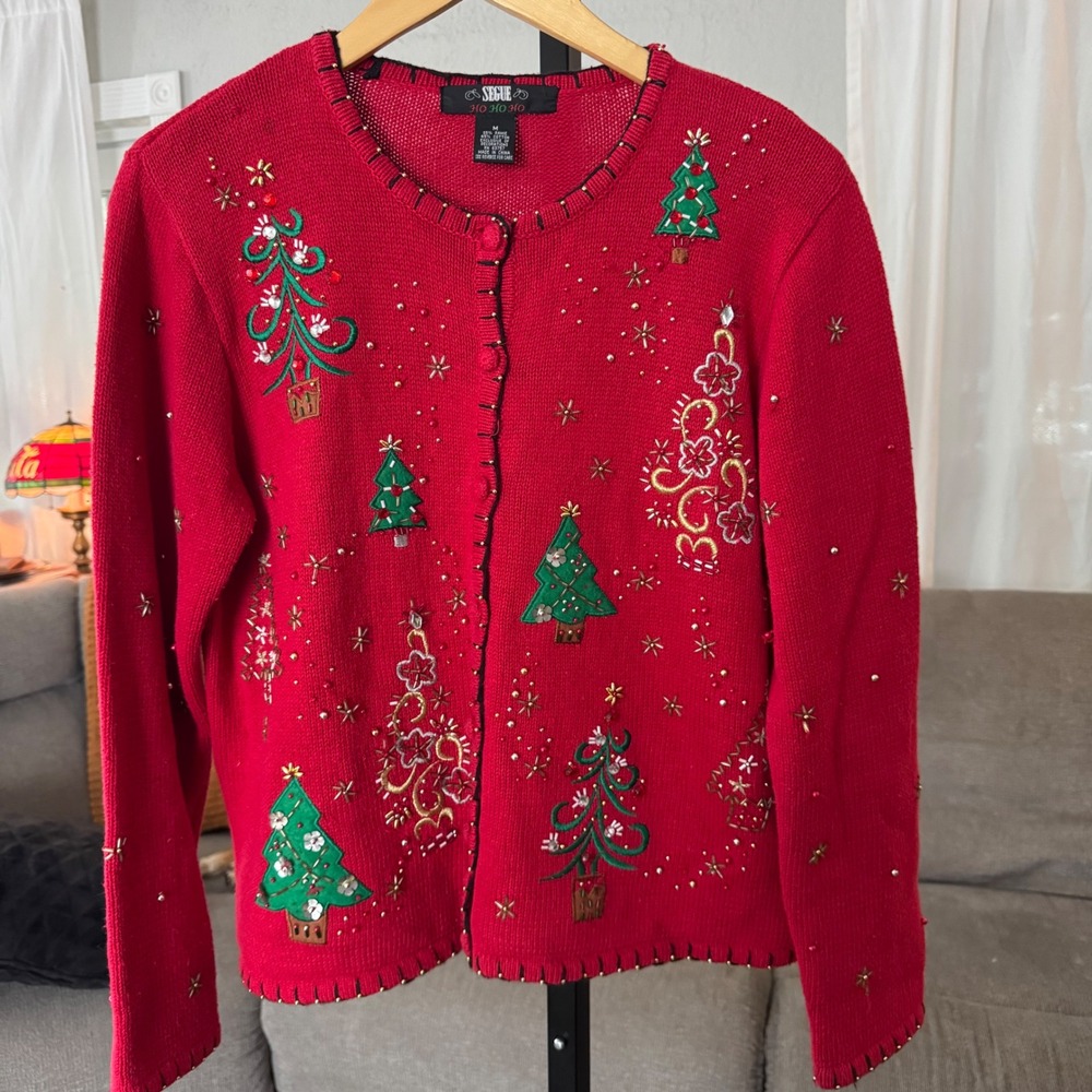 VTG Segue Christmas Sweater Cardigan Medium Beaded Embroidered Holiday Festive